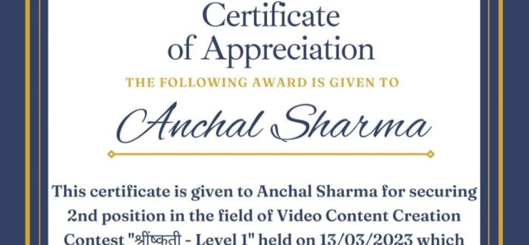 Anchal Sharma Second Place in Video Creation Contest